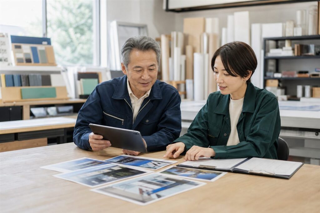 看板会社の顧客台帳と施工写真を確認する経営者と引継ぎ担当者