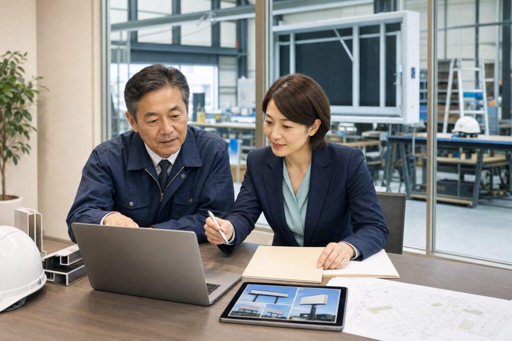 看板工場で屋外広告業登録・広告物許可の台帳を確認する経営者とM&A担当者