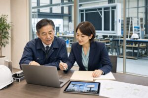 看板工場で屋外広告業登録・広告物許可の台帳を確認する経営者とM&A担当者