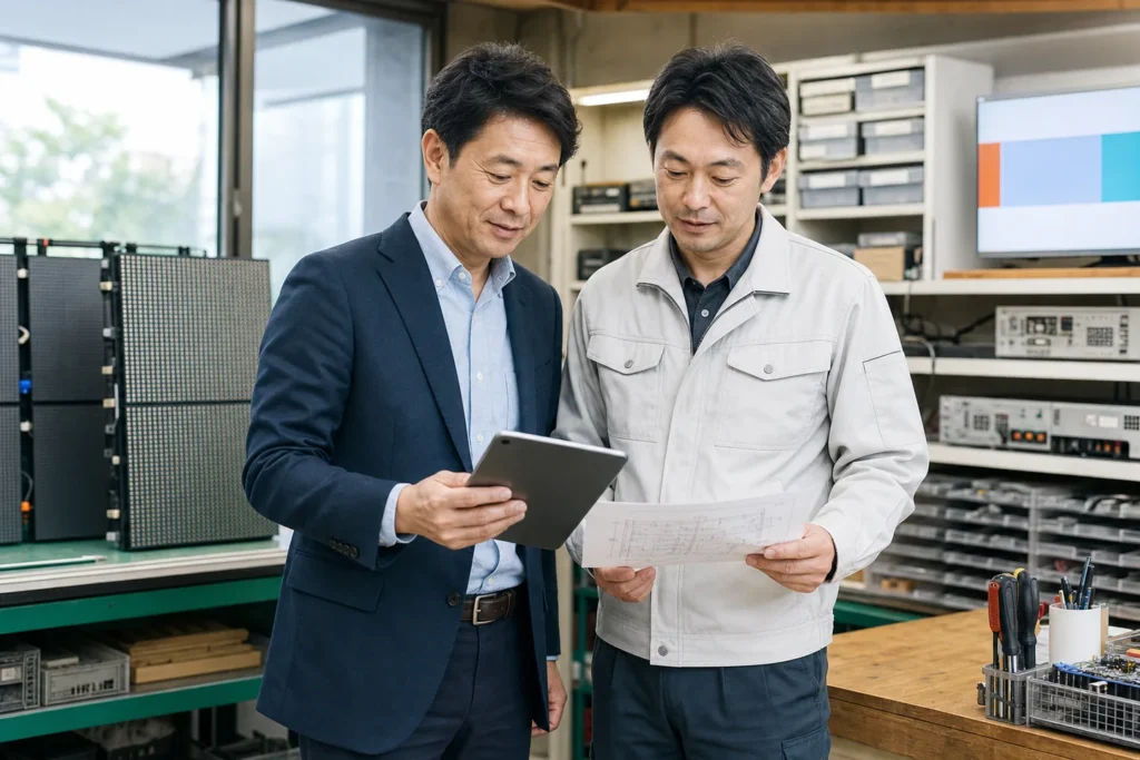 LEDサインと配信機器の承継台帳を確認する経営者と技術責任者