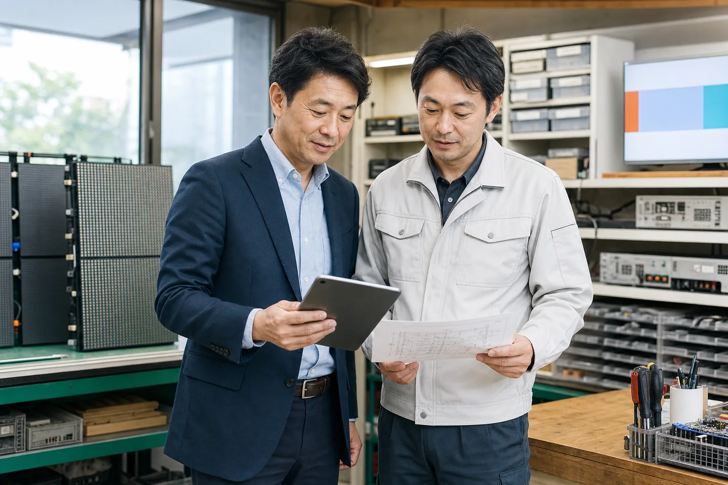 LEDサインと配信機器の承継台帳を確認する経営者と技術責任者