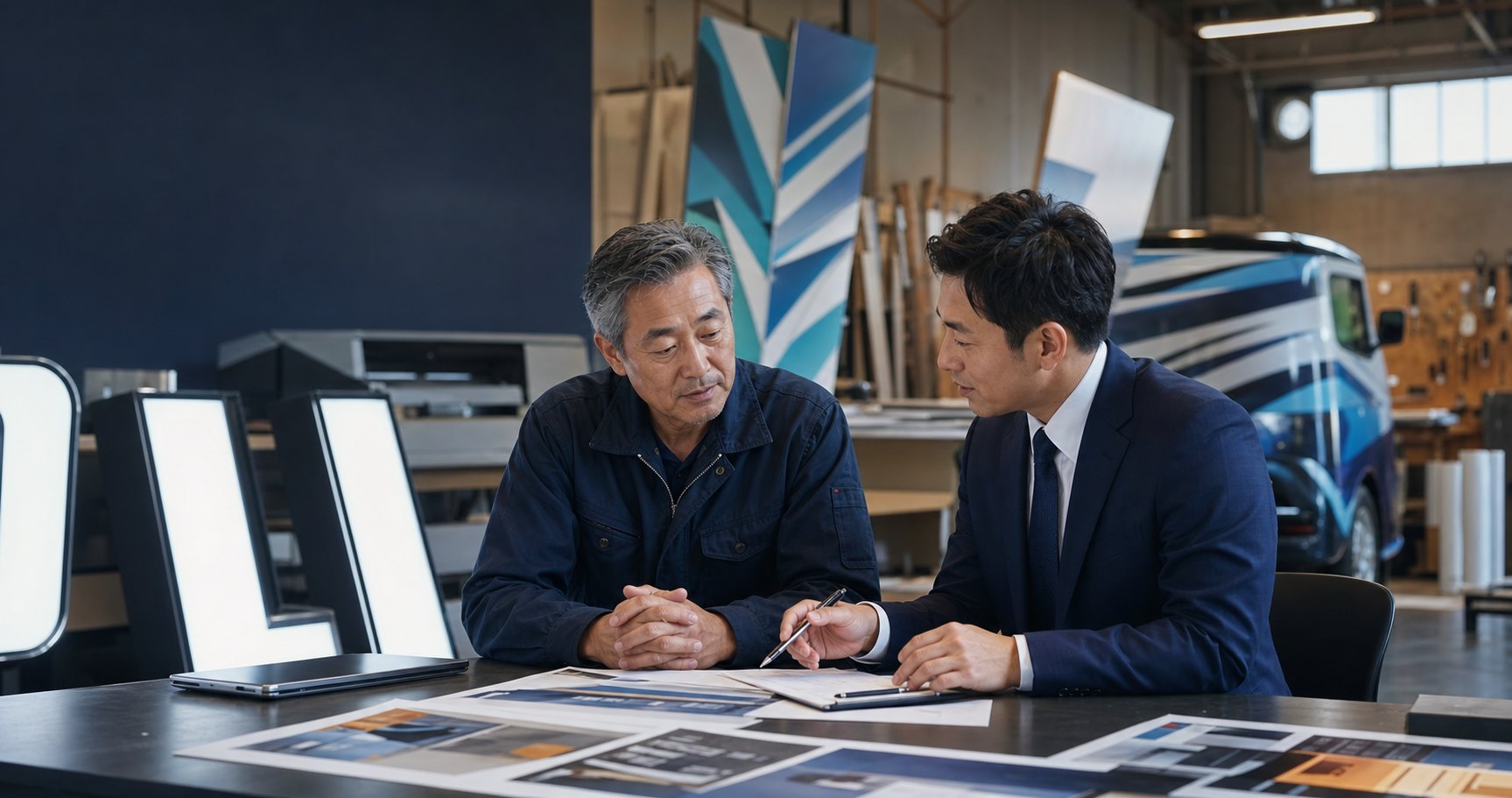 看板会社のオーナーとM&Aアドバイザーが製作現場で相談している様子