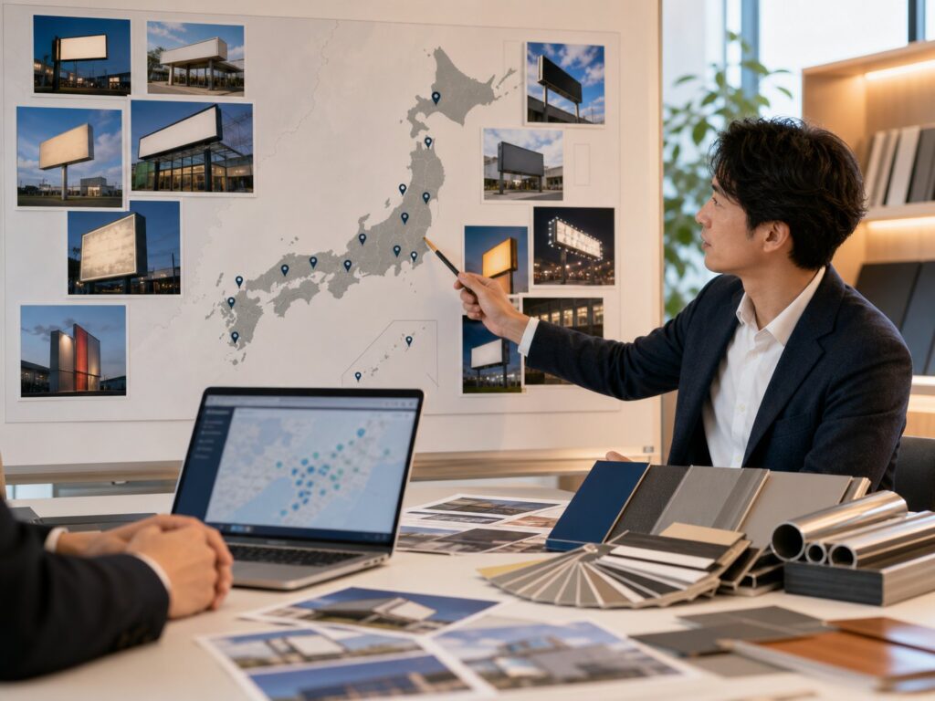 日本地図と地域の看板写真を見ながら候補先を検討する場面