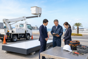 千葉の看板保守会社のM&Aで高所作業車と点検記録を確認する経営者と技術者