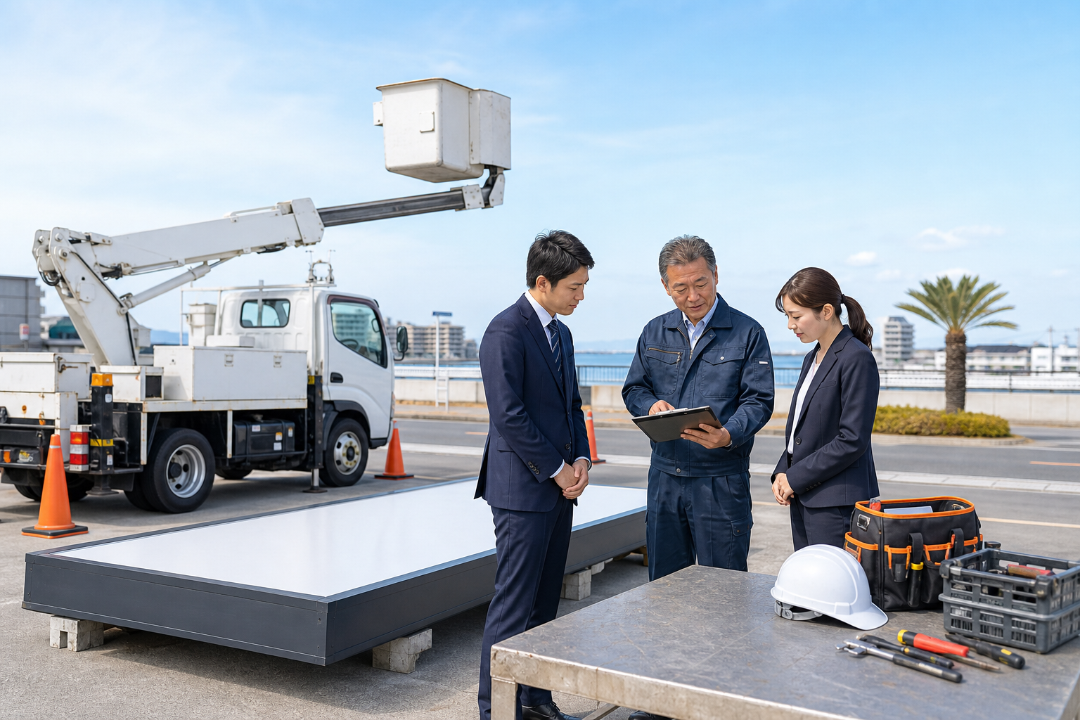 千葉の看板保守会社のM&Aで高所作業車と点検記録を確認する経営者と技術者