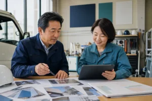 看板保守契約の更新予定と点検履歴を確認する経営者と保守担当者