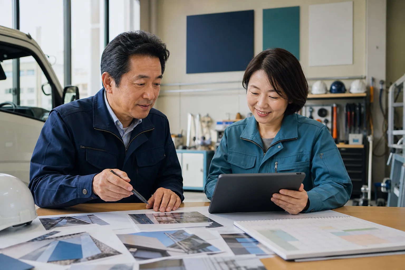 看板保守契約の更新予定と点検履歴を確認する経営者と保守担当者