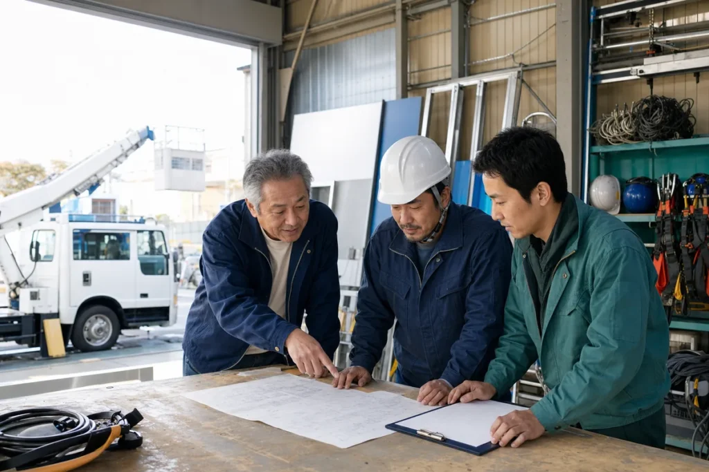 看板会社のM&Aに向け施工班と協力会社が作業計画を確認する様子