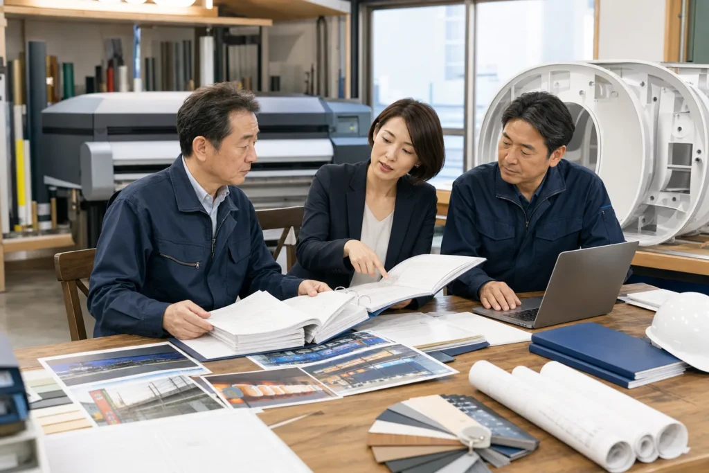 看板製作工場で許可台帳や案件資料を確認する経営者とM&Aアドバイザー