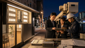 神奈川のLEDサイン会社M&Aで電源ユニットと点検記録を確認する経営者と施工技術者