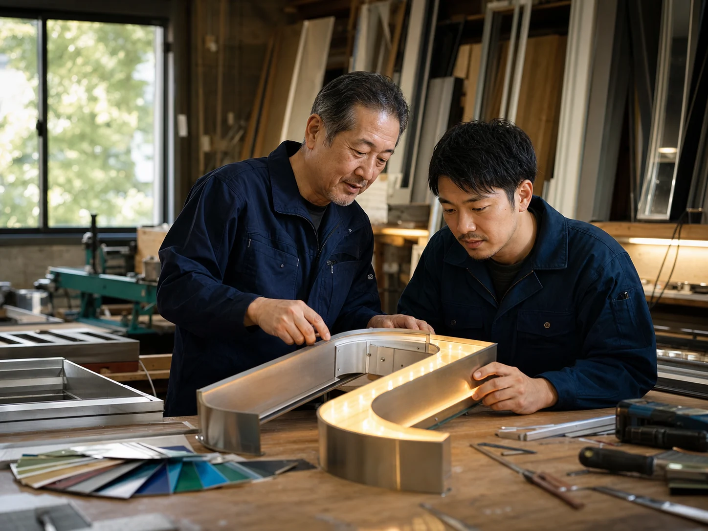 点灯するチャンネル文字を確認する看板職人の先輩と若手