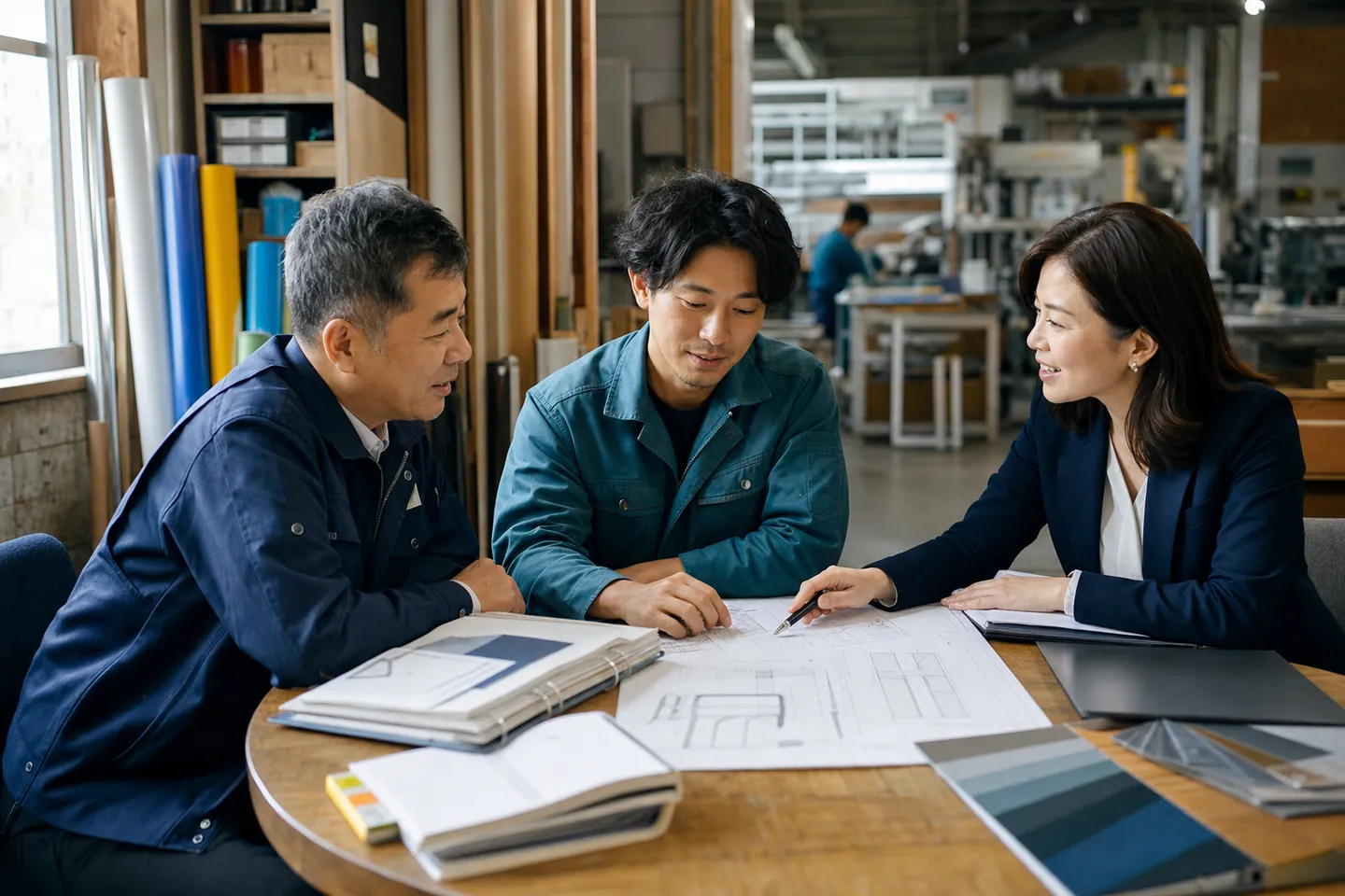看板工場で顧客対応と技術承継を相談する経営者と後継者