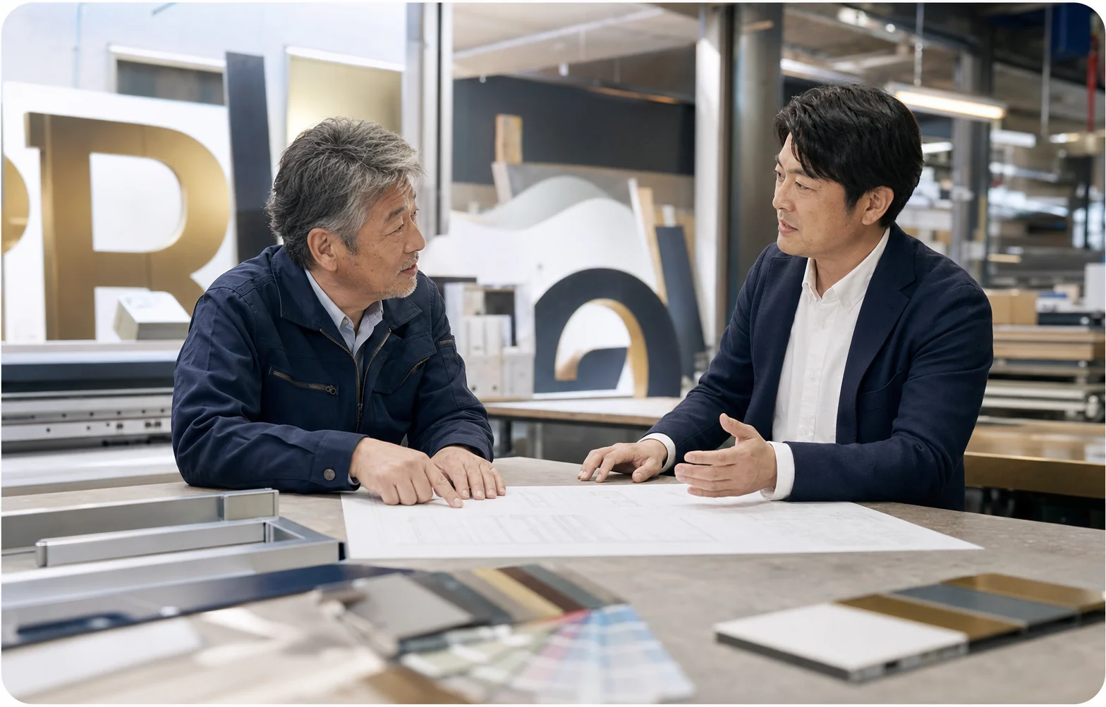 看板製作工場で事業承継を相談する経営者とM&Aアドバイザー