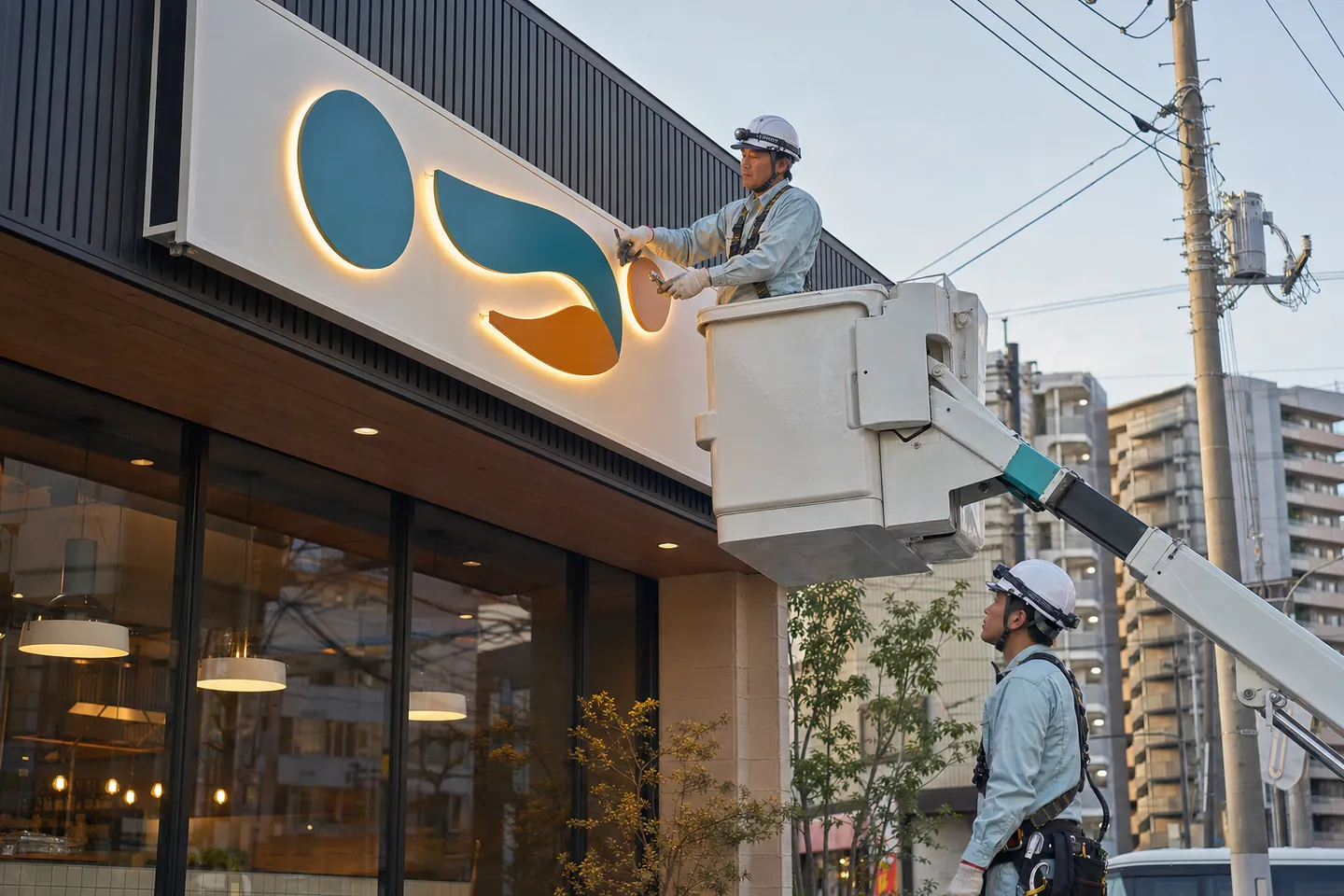 高所作業車を使って店舗看板を点検する施工スタッフ