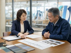 看板製作現場を背景に事業承継計画を確認する経営者と女性アドバイザー