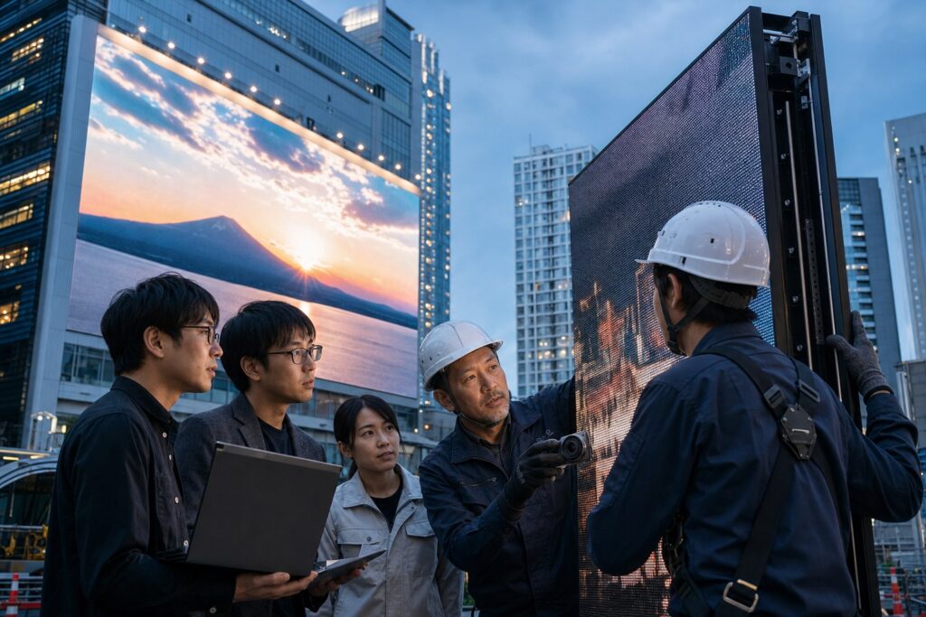 AI企業と電子看板施工チームが屋外デジタルサイネージを確認する様子