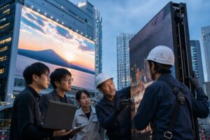 AI企業と電子看板施工チームが屋外デジタルサイネージを確認する様子