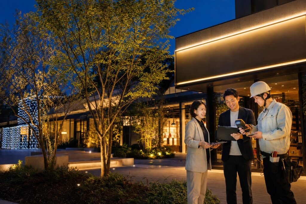 商業施設のイルミネーションとLEDサインを確認する照明・施工チーム