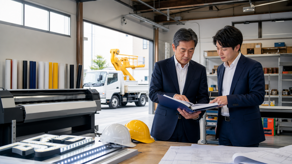 埼玉の看板会社の事業承継に向け大型出力機のある工場で引継ぎ資料を確認する経営者と後継者