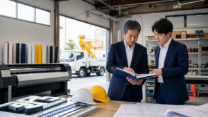 埼玉の看板会社の事業承継に向け大型出力機のある工場で引継ぎ資料を確認する経営者と後継者