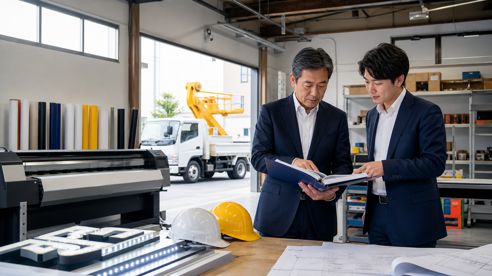 埼玉の看板会社の事業承継に向け大型出力機のある工場で引継ぎ資料を確認する経営者と後継者