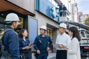 看板施工現場で地域ネットワークと施工力の承継を確認するチーム