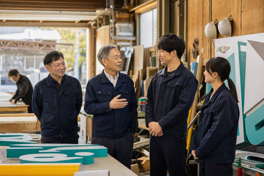看板工場で廃業せず事業を残す方法を話し合う経営者と後継チーム