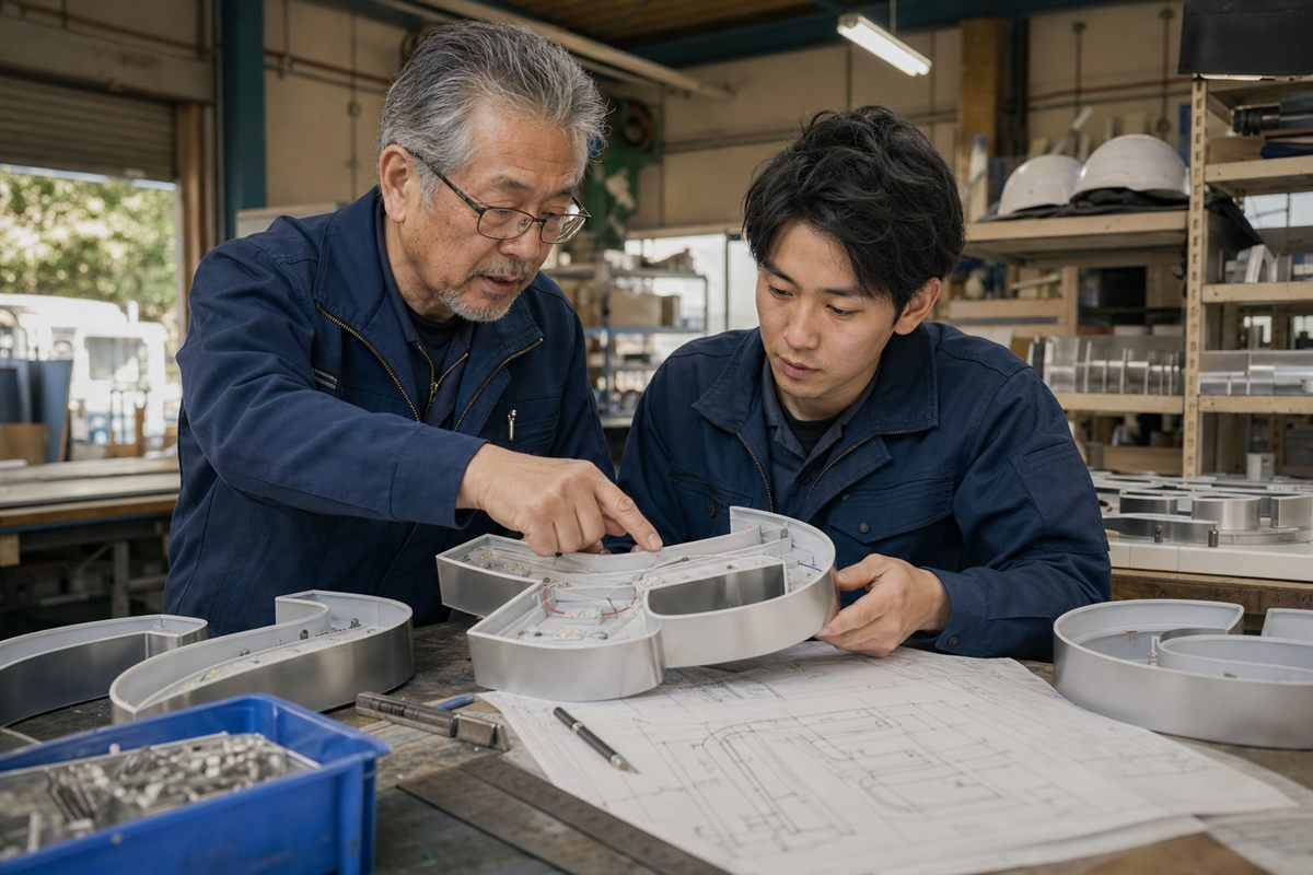 看板製作工場で図面と加工サンプルを使い技能を引き継ぐベテラン職人と若手担当者