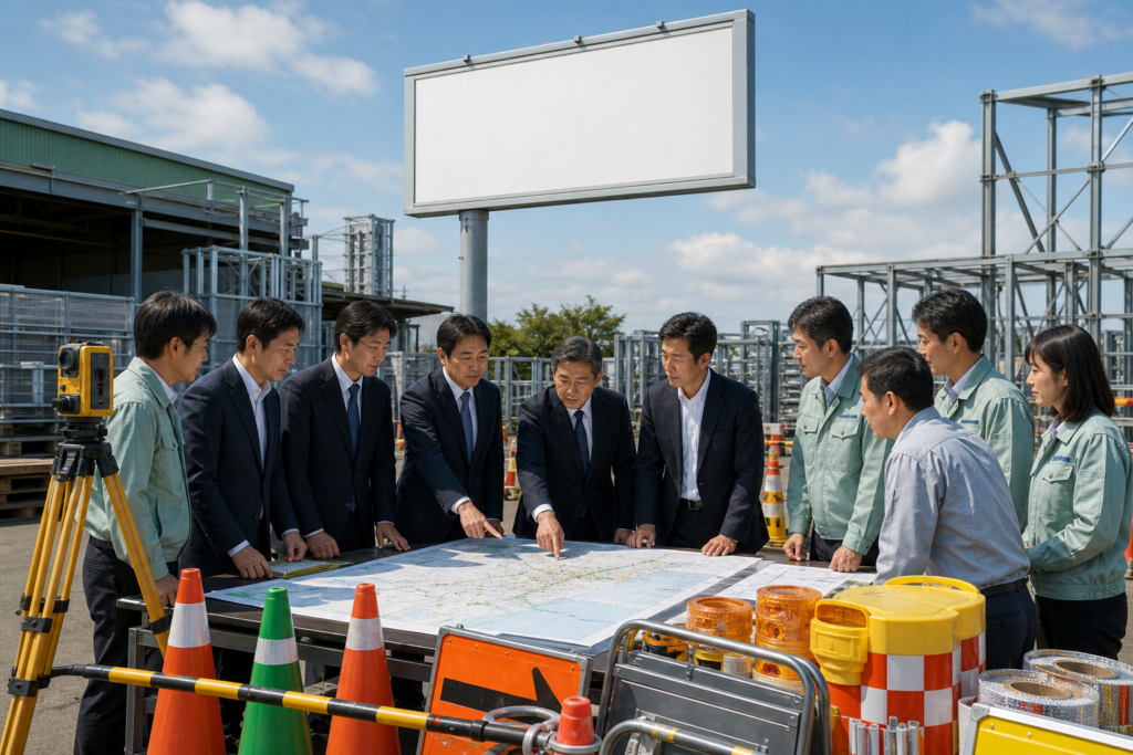 グリーンクロスによるマクテック・山行舎のM&Aを表す看板製作工場と全国ネットワークのイメージ
