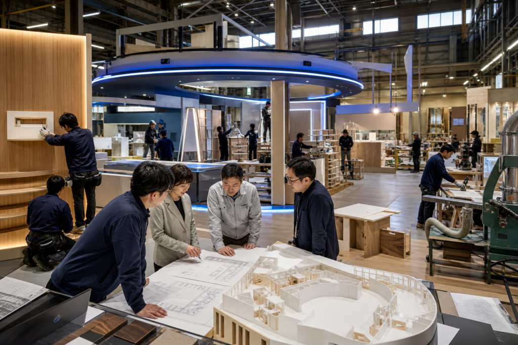 博展によるニチナンのM&Aを表す展示会ブース製作と関西施工拠点のイメージ