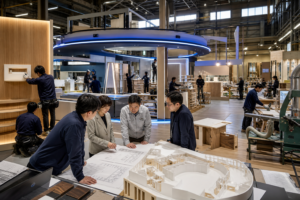 博展によるニチナンのM&Aを表す展示会ブース製作と関西施工拠点のイメージ