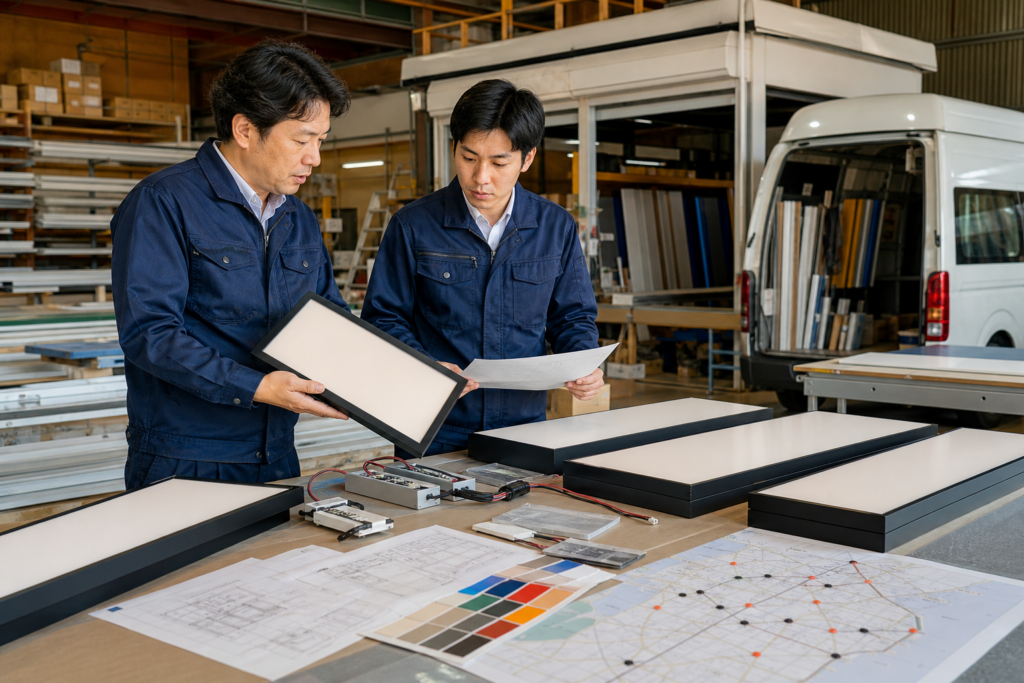 兵庫の看板工場で店舗チェーン向け看板と施工図を確認する二人の技術者