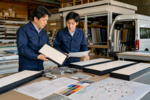 兵庫の看板工場で店舗チェーン向け看板と施工図を確認する二人の技術者