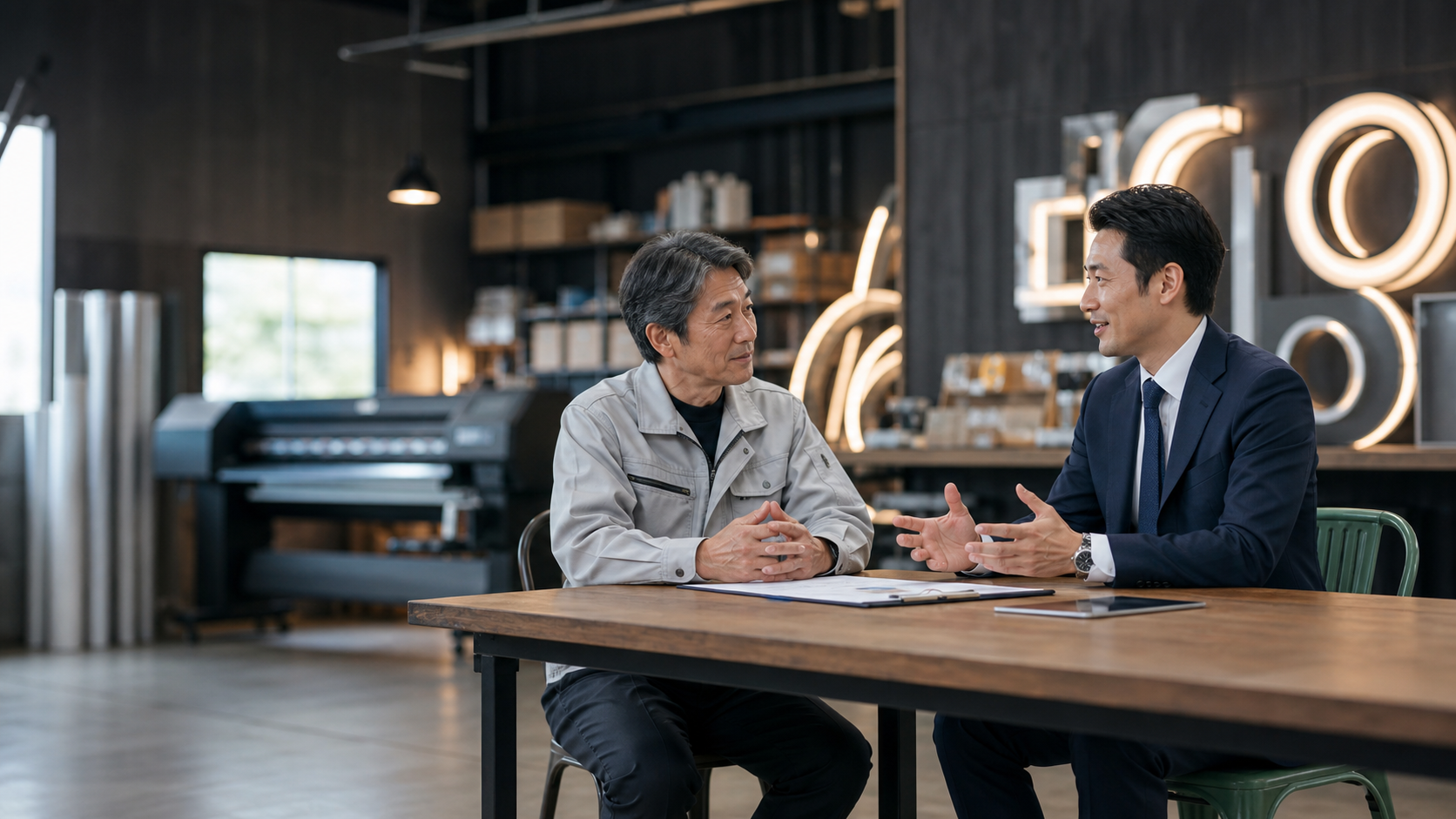看板会社のM&A相談をイメージした商談風景