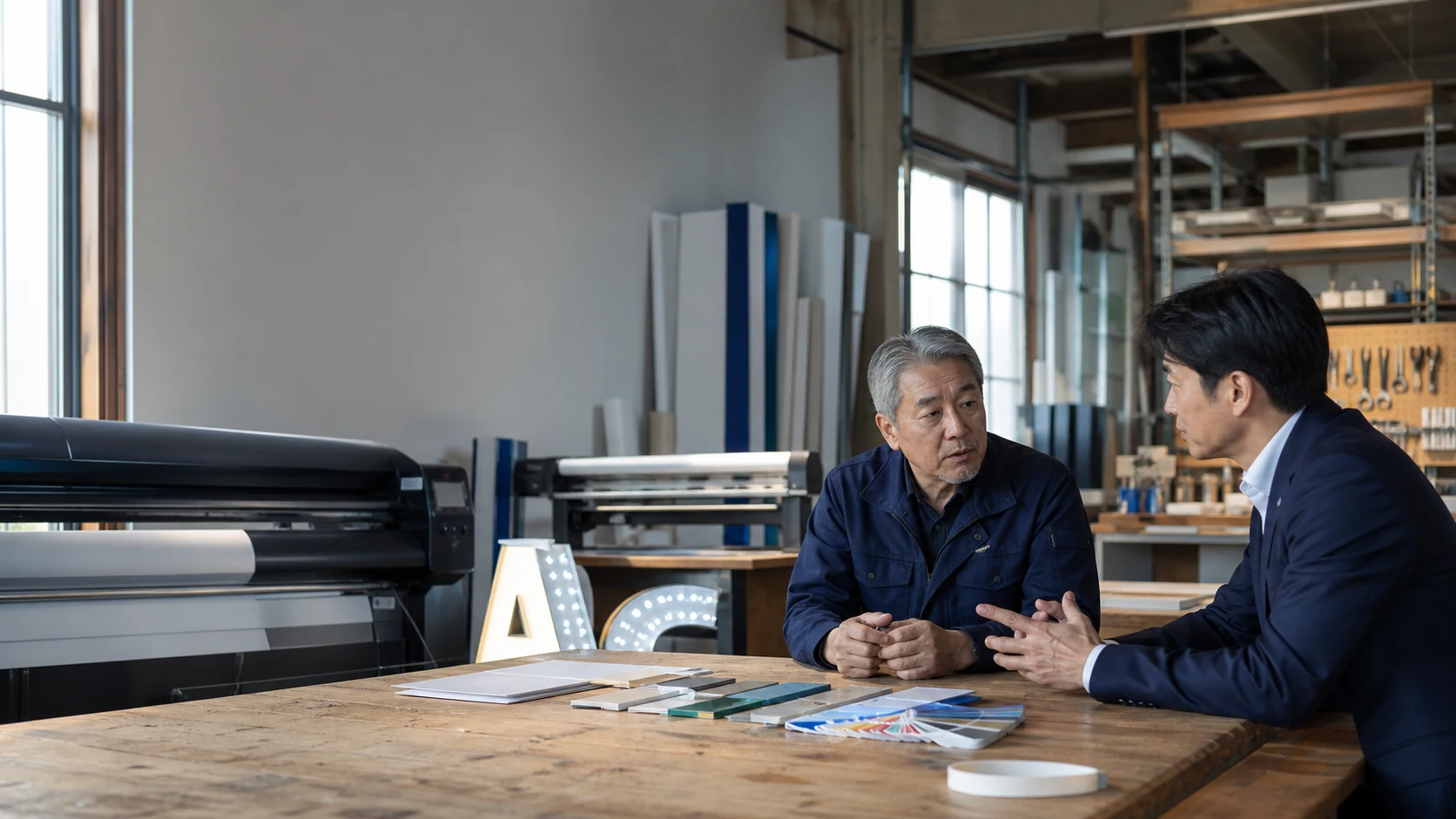 看板製作工房で経営者とM&Aアドバイザーが事業承継について話し合うイメージ